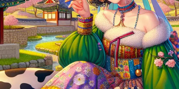 A whimsical fantasy landscape featuring a playful character in cow-themed attire amidst cherry blossoms and traditional Korean architecture.
