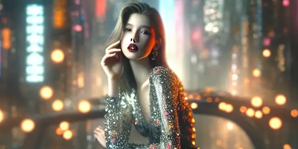A stylish magazine spread featuring provocative images of Hong Kong actresses, surrounded by cultural motifs and a vibrant city skyline.