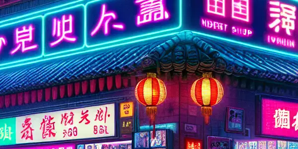 A bustling Hong Kong street at night, featuring a vibrant video store showcasing adult films and neon lights.