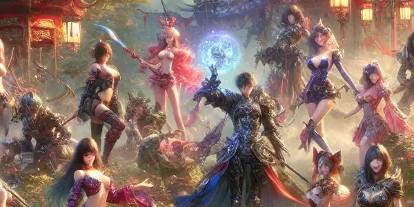 A vibrant fantasy landscape with heroic characters in playful, flirtatious battle, blending adventure and sensuality.