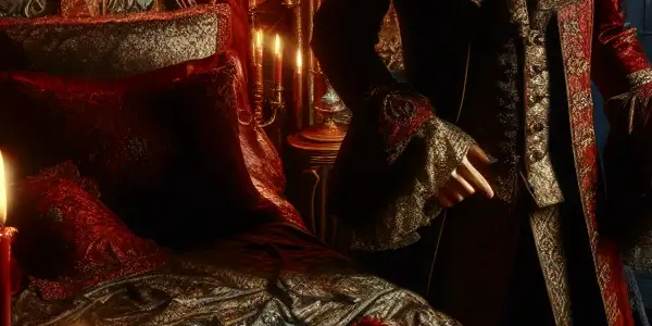 A dimly lit medieval castle room with a mysterious figure, luxurious bed, and moonlit window, evoking passion and intrigue.