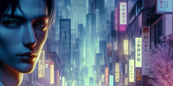A mysterious urban night scene featuring a charismatic figure amidst neon lights and cherry blossoms, evoking allure and suspense.