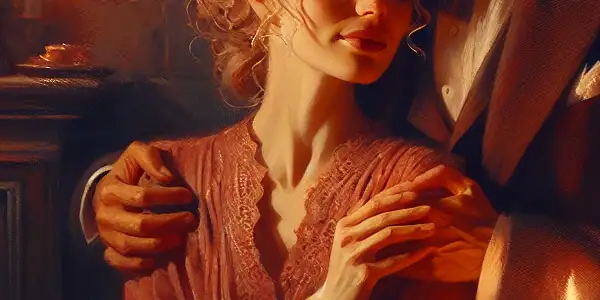 A couple in a softly lit bedroom embraces, surrounded by candles, roses, and a romantic dinner setting.