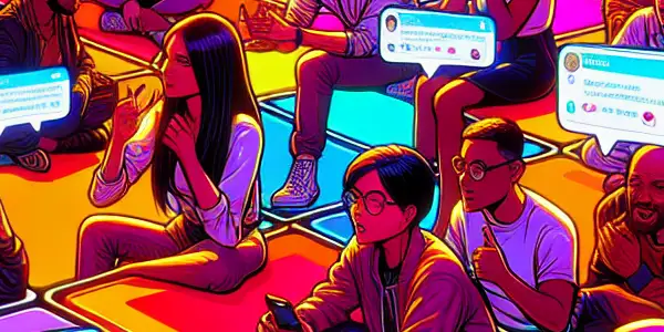 A vibrant online forum showcasing diverse avatars discussing adult videos and Japanese AV films in a dynamic digital environment.