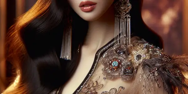 A glamorous portrait of a fictional Asian adult film star in an elegant, intimate film set.