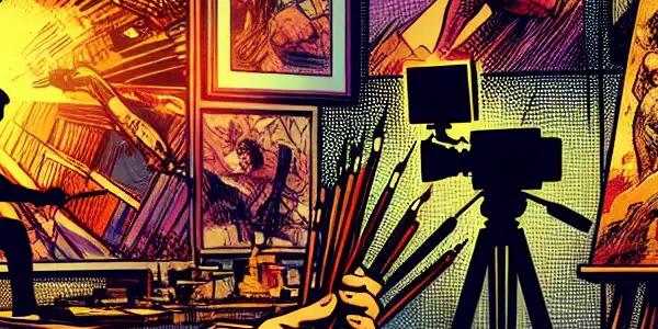 A comic book artist in a lively studio, surrounded by colorful panels and elements of adult film production.