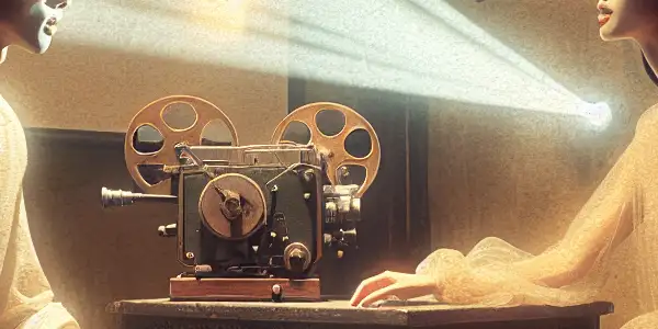 An intimate scene of a man and woman conversing in a dimly lit room with a vintage film projector.