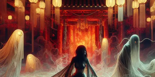 A mysterious figure in a dimly lit Japanese room, surrounded by ghostly apparitions and eerie shadows.