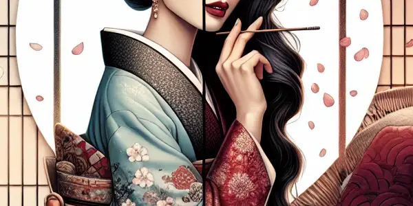 A split scene featuring a Japanese woman in traditional attire and a Western woman in modern fashion, embodying allure and elegance.