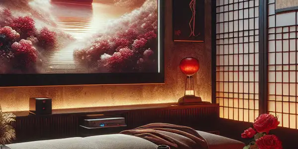 A modern living room with sensual visuals, wine, rose petals, and Japanese decor, evoking intimacy and allure.