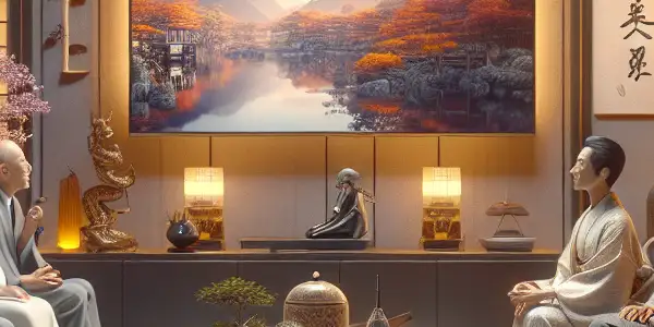 A stylish modern living room with diverse individuals engaged in a visually striking film scene, exuding warmth and curiosity.