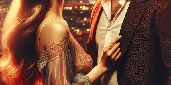 A couple shares an intense gaze in a dimly lit upscale apartment, surrounded by romance and desire.