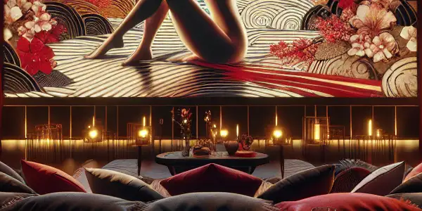 A sophisticated viewing room with a high-definition screen, showcasing abstract adult film aesthetics and a sensual atmosphere.