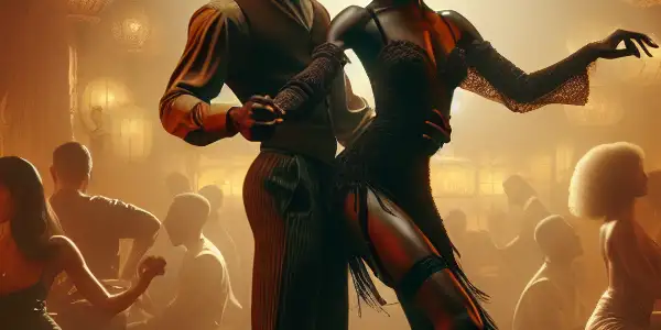 A vibrant nightclub scene featuring a confident Black couple dancing passionately amidst diverse patrons and intimate lighting.