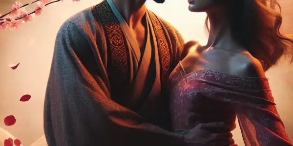 A romantic couple in an intimate embrace under cherry blossoms and lanterns, evoking passion and tenderness.