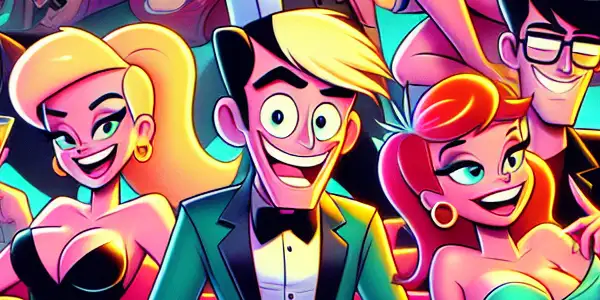 A lively scene featuring diverse, cheeky animated characters in playful, risqué interactions within a vibrant, surreal environment.