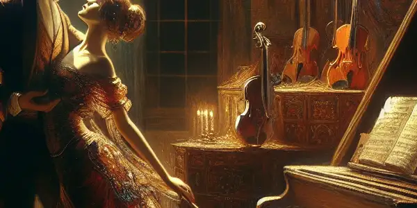 A couple dances intimately in a dimly lit room filled with vintage musical instruments, exuding romance and sensuality.