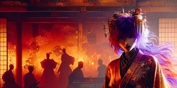 A dimly lit room with a striking character exuding passion and intrigue, surrounded by Japanese decor and subtle adult themes.