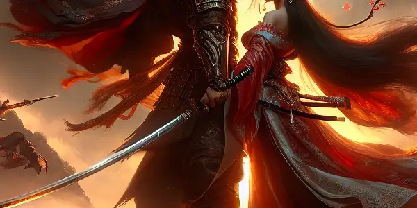 A male warrior and a captivating female character engage in a dynamic, intimate interaction in a misty, ancient Chinese landscape.