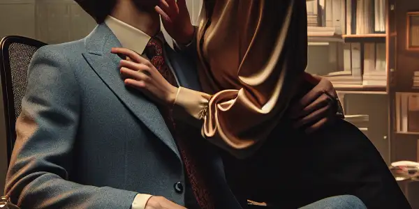 A passionate encounter between a man and woman in a modern office, filled with tension and allure.