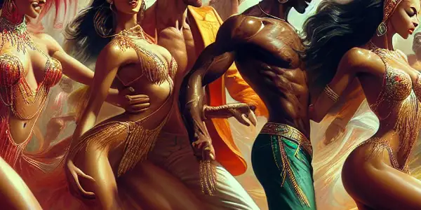 A vibrant carnival scene featuring samba dancers in colorful costumes, embodying the passion of Brazilian erotic cinema.