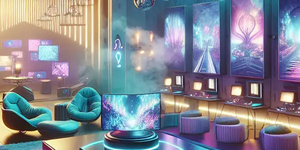 Futuristic VR entertainment space with high-tech equipment, vibrant screens, neon lights, and a cozy lounge area.