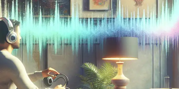 A cozy room with a person enjoying audio-visual adult content on a screen, surrounded by plush furnishings and soft lighting.