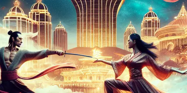 A dynamic scene of a sword fight between martial artists in a vibrant Macau casino, blending romance and adventure.