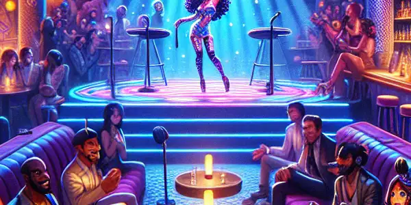 A vibrant underground strip club scene with neon lights, diverse audience, and a captivating performer.