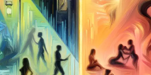 A split illustration contrasting explicit Japanese adult films with subtle, emotionally rich erotic cinema.