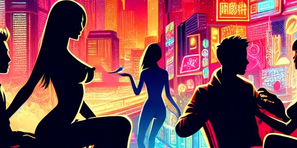 A vibrant nightlife scene featuring diverse couples in a stylish lounge, radiating romance and playful chemistry.