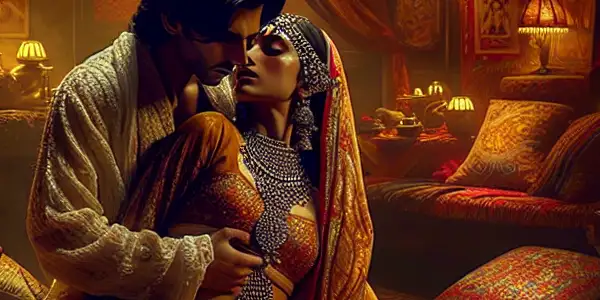 A passionate embrace between a couple in a richly decorated Indian room, reflecting desire and emotional conflict.