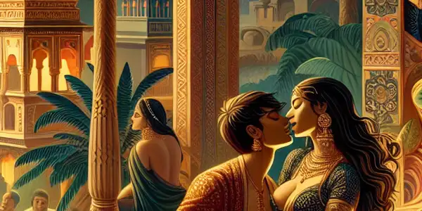 A vibrant Bollywood-inspired scene blending traditional Indian art with modern elements, showcasing sensuality and cultural richness.