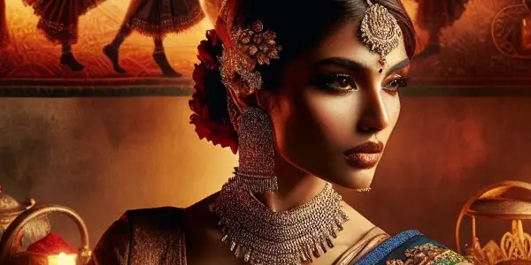 An elegant woman in a traditional saree surrounded by rich colors, intricate patterns, and cultural symbols of Indian erotic cinema.