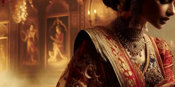 A beautifully adorned Indian actress in traditional attire, dancing amidst a culturally rich and mystical backdrop.