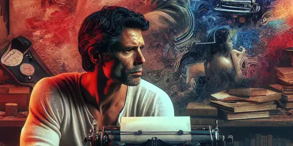 A seasoned erotic novelist in a cozy writing nook, surrounded by books, notes, and inspiration from adult film scenes.