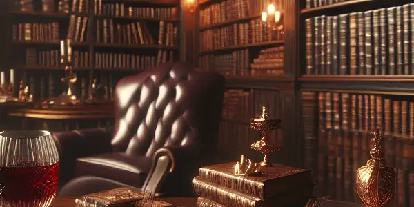 A sophisticated library filled with erotic novels, featuring dark wooden shelves, warm lighting, and inviting reading accessories.