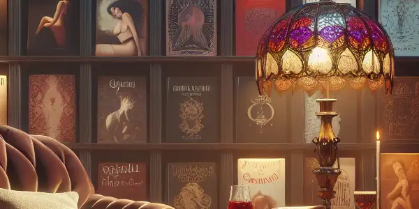 A cozy library scene featuring erotic novels, a plush armchair, wine, and a vintage film projector.