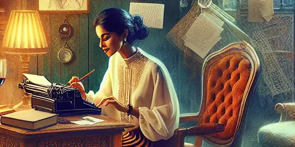A confident female novelist writes at a vintage desk, surrounded by books and soft, intimate lighting.