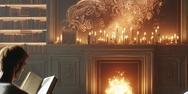 A cozy reading nook with a person immersed in a romantic novel, surrounded by exotic books and suggestive visuals.