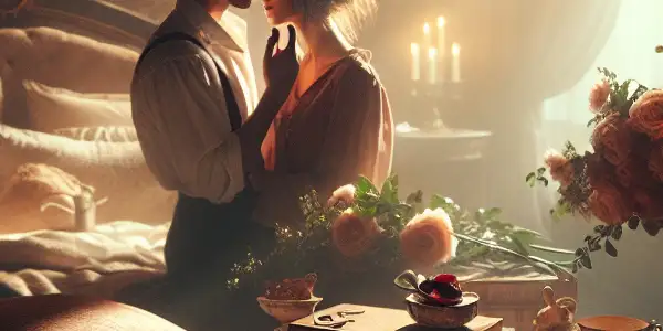 A cozy bedroom scene featuring a couple sharing intimate glances, surrounded by erotic literature and romantic decor.