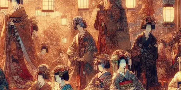 A vibrant fusion of traditional and modern Japanese fashion, featuring characters in elaborate costumes amid cherry blossoms and bamboo.