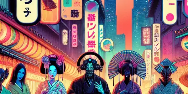 A vibrant Japanese street at night, featuring characters in elaborate fetish costumes and colorful adult-themed signage.