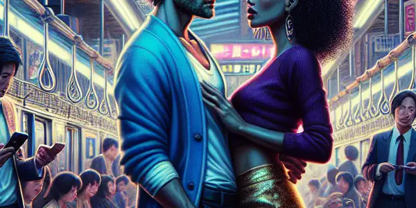 A bustling Tokyo subway station scene with a flirtatious encounter between a man and woman amidst diverse commuters.