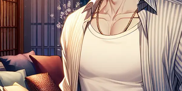 A charming male character in a stylish Japanese apartment, exuding charisma and allure in a warm, inviting atmosphere.