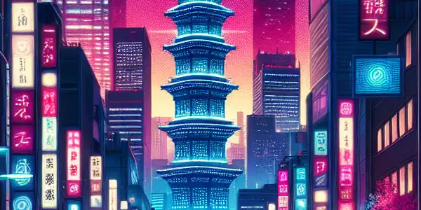 Neon-lit Tokyo cityscape at night, showcasing urban desire and intimate moments amidst vibrant architecture.