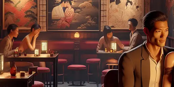 A cozy Japanese erotic bar with intimate couples, soft lighting, and traditional decor, celebrating romance and adult entertainment.
