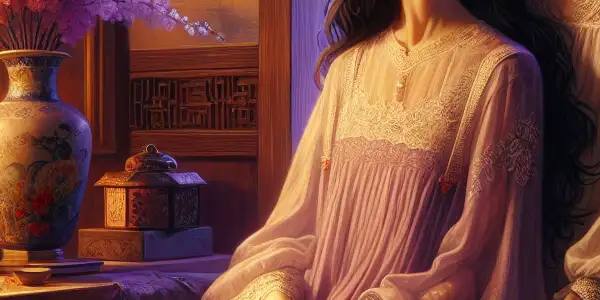 Two young women share a tender moment in a cozy, softly lit room filled with warm hues.