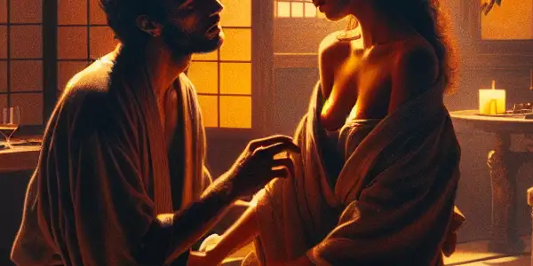 A cozy, intimate room with a couple engaged in a passionate conversation, surrounded by traditional Japanese decor.