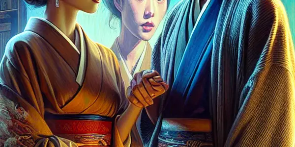 A romantic scene in a modern room featuring a couple exchanging meaningful gazes, hinting at cultural storytelling.